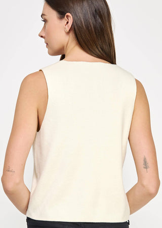 Sleeveless ivory button up knit vest top with black embroidered design