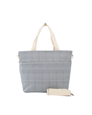 Stripes Cooler Tote in navy stripe featuring an insulated interior, front slip pocket, shoulder straps, removable crossbody strap, and spacious cooler compartment.