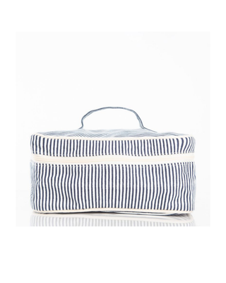 Stripes Train Case in Navy featuring a classic striped canvas design, zip-around closure, top carry handle, and spacious interior.