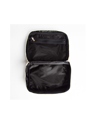 Stripes Train Case in Navy featuring a classic striped canvas design, zip-around closure, top carry handle, and spacious interior.