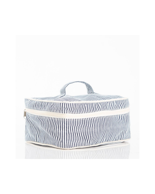 Stripes Train Case in Navy featuring a classic striped canvas design, zip-around closure, top carry handle, and spacious interior.