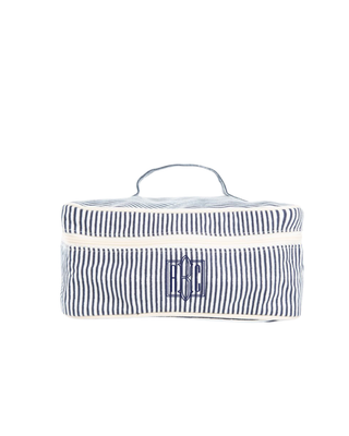 Stripes Train Case in Navy featuring a classic striped canvas design, zip-around closure, top carry handle, and spacious interior.