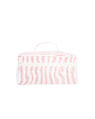 Stripes Train Case in Rose Tan featuring a classic striped canvas design, zip-around closure, top carry handle, and spacious interior.