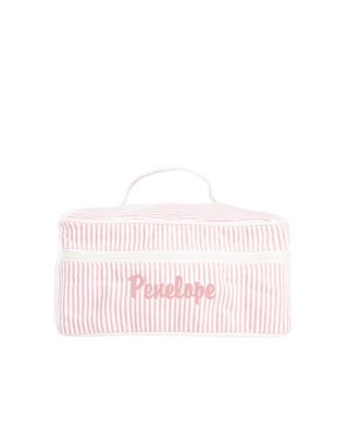 Stripes Train Case in Rose Tan featuring a classic striped canvas design, zip-around closure, top carry handle, and spacious interior.