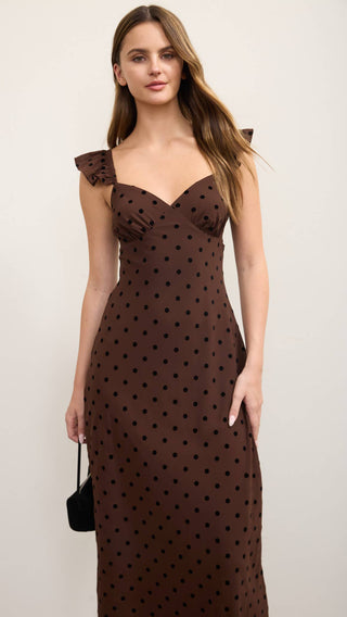 Chocolate brown sweetheart flowy maxi dress with mesh overly of polka dots and ruffle cap short sleeves with elastic band