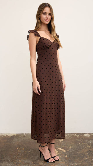 Chocolate brown sweetheart flowy maxi dress with mesh overly of polka dots and ruffle cap short sleeves with elastic band