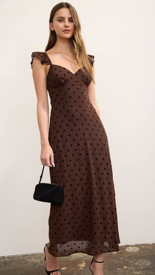 Chocolate brown sweetheart flowy maxi dress with mesh overly of polka dots and ruffle cap short sleeves with elastic band