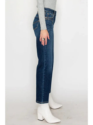 The Harper Straight Jeans featuring dark wash stretch denim, a high-rise tummy control waistband, Western-inspired front pocket detailing, and a flattering straight-leg silhouette.