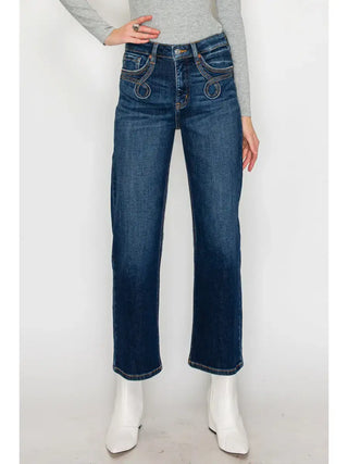 The Harper Straight Plus Jeans featuring dark wash stretch denim, a high-rise tummy control waistband, Western-inspired front pocket detailing, and a flattering straight-leg silhouette.