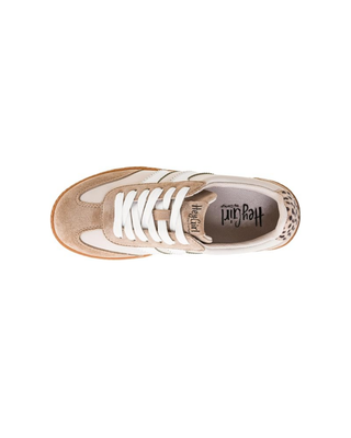 Women’s cream and tan retro sneaker with gold accents, white stripes, leopard print heel detail, white laces and gum sole.