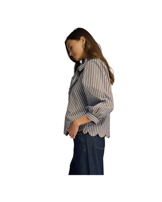 Women’s blue and brown striped button-front blouse with oversized bow neckline, three-quarter puff sleeves and scalloped hem.