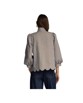 Women’s blue and brown striped button-front blouse with oversized bow neckline, three-quarter puff sleeves and scalloped hem.