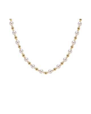 Women’s necklace featuring alternating white pearls and polished gold beads in a classic beaded design.