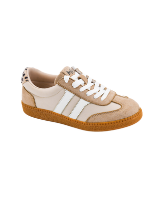 Women’s cream and tan retro sneaker with gold accents, white stripes, leopard print heel detail, white laces and gum sole.