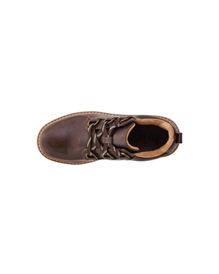 Women’s chocolate brown lace-up ankle boot with antique gold-tone hardware, contrast stitching, and chunky gum lug sole.