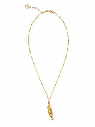 Waterproof gold fish pendant necklace featuring a textured fish charm on a delicate 16-inch adjustable gold chain,
