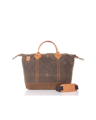 Waxed Weekender in Olive featuring premium waxed canvas, genuine leather handles, removable shoulder strap, and a spacious zip-top travel compartment.
