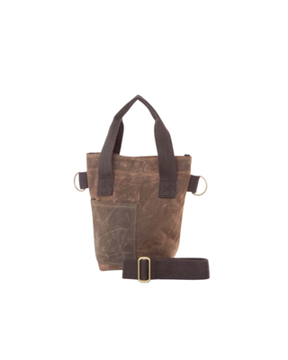 Wine Bottle Tote in Khaki featuring premium waxed canvas, sturdy carry handles, removable shoulder strap, front pocket, and brass hardware for carrying a standard wine bottle.