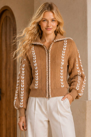 A woman wearing a cropped tan knit zip-up sweater with white braided stripe details down the front and sleeves, paired with white pants, standing in front of a warm beige wall and wooden door.