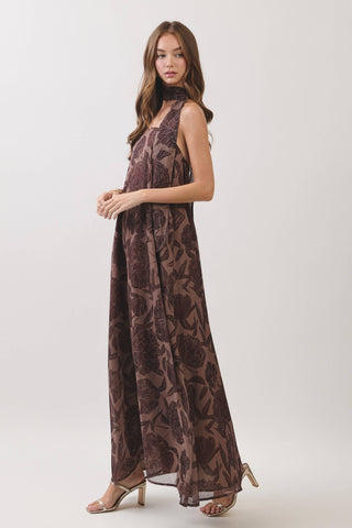 Floral Tonal Print Scarf Maxi Dress, Chocolate