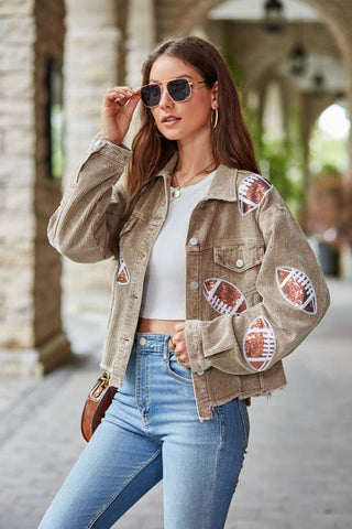 Cate Cropped Corduroy Sequin Football Jacket